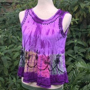 Purple tie dye bohemian tank top black embroidery